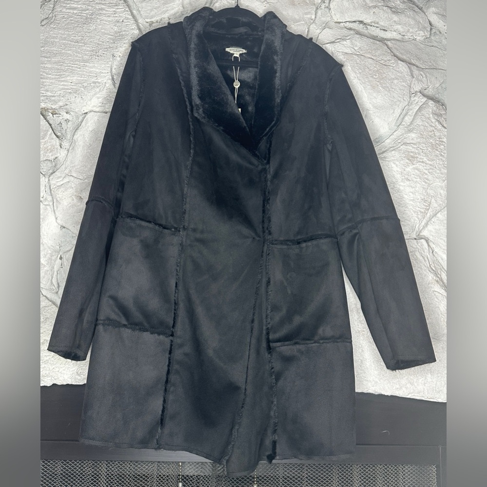 Max Studio | Women’s Black Knee Length Faux Fur Suede Jacket, Size L, NWT